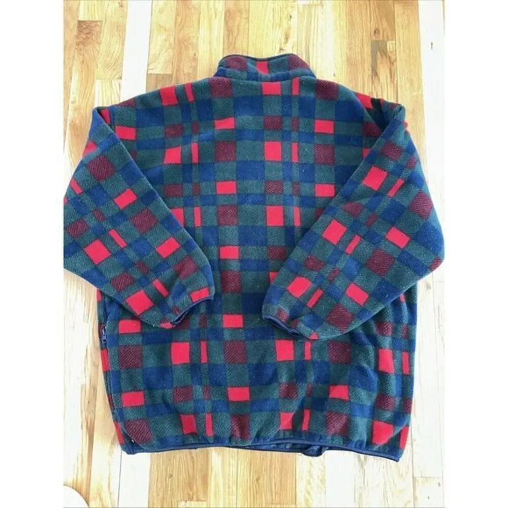 VTG SEARS TRADER BAY WESTERN PLAID FLEECE JACKET 1/4 ZIP RETRO GREEN RED MENS XL